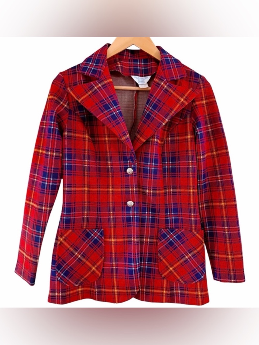 Vintage Academia 70s Retro Red Plaid Blazer Polyester VTG Women’s Size 12
